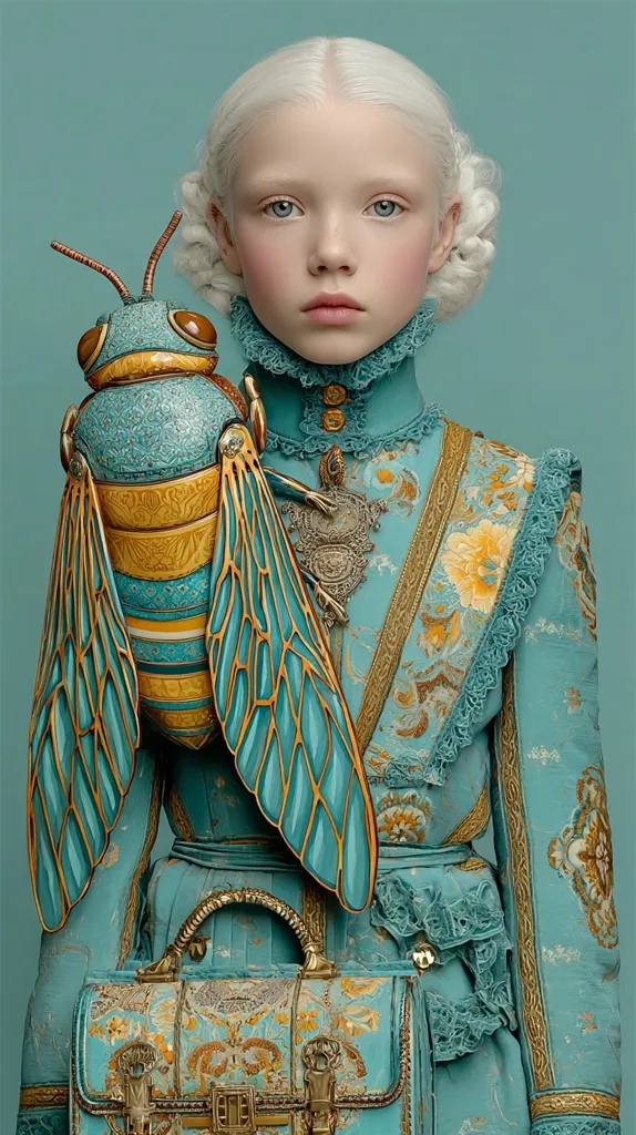 A young girl with platinum blonde hair, styled in a sophisticated updo, is elegantly dressed in a teal, ornate Victorian-style dress.  She holds a large, intricately designed jeweled bee, its wings a striking teal and gold.  A matching, similarly embellished handbag rests at her side, completing the whimsical, fairytale-like aesthetic. The background is a soft, muted teal.