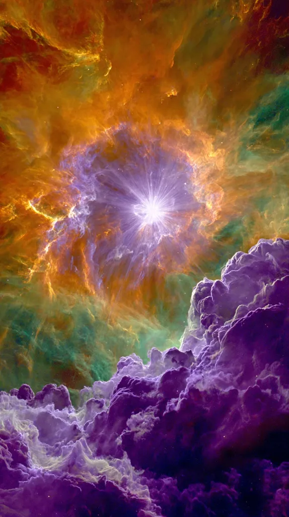 A vibrant nebula explodes with color, a central white star radiating light through swirling hues of orange, green, and purple.  Intense bursts of energy emanate from the star, contrasting with the softer, cloud-like formations of purple gas below. The image evokes a sense of cosmic wonder and the immense power of celestial events.