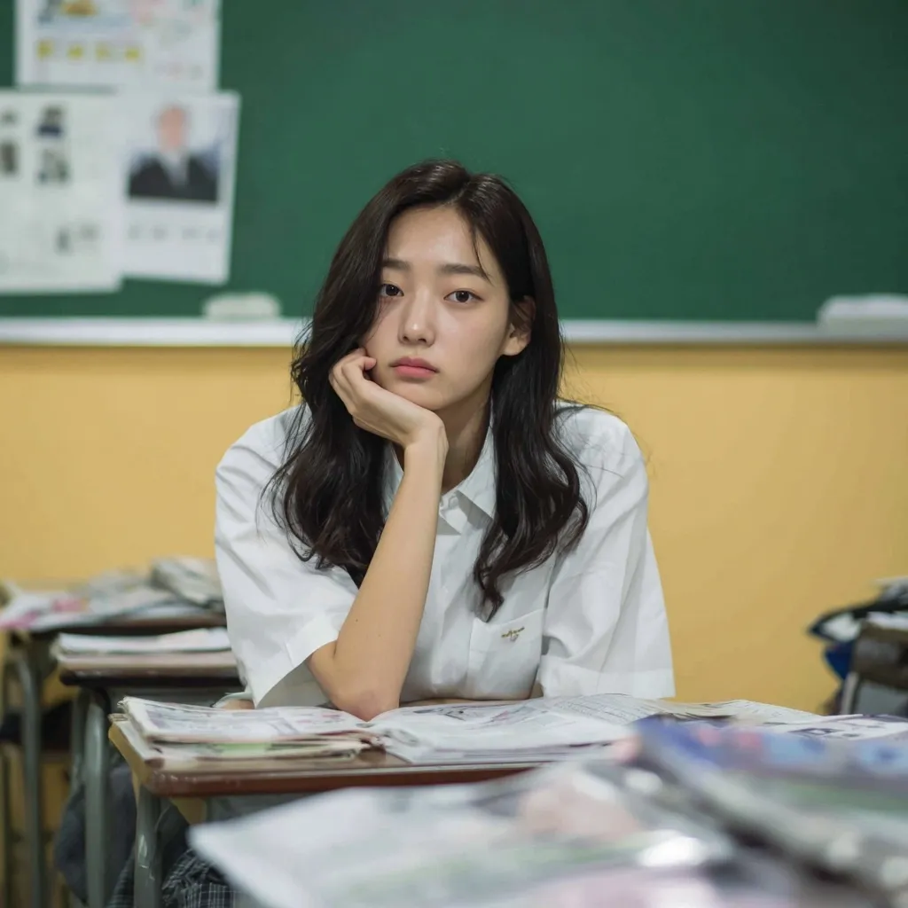 A young woman with long dark hair sits at a school desk, her chin resting on her hand. She wears a white, short-sleeved collared shirt and looks directly at the camera with a pensive expression.  Newspapers are scattered on the desk in front of her, and a chalkboard is visible in the background. The overall mood is quiet and contemplative.