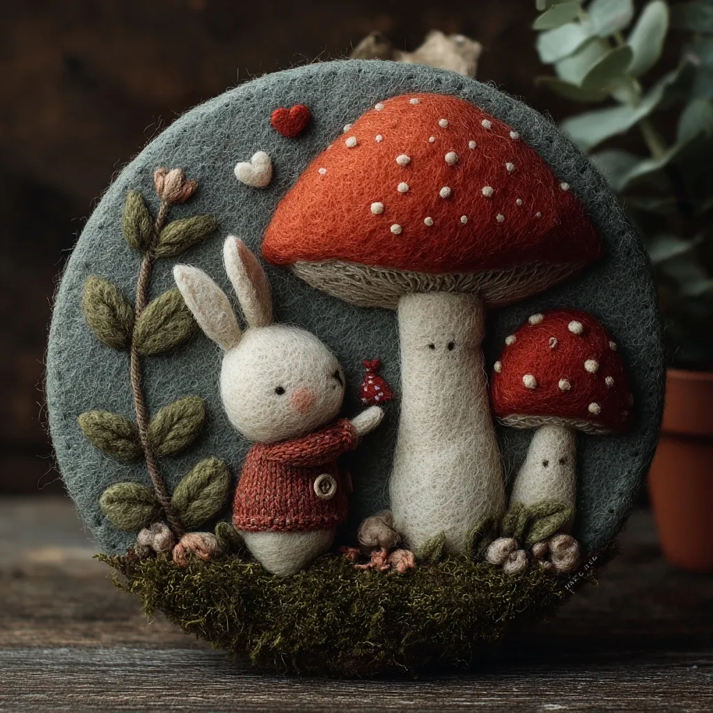A charming needle-felted artwork depicts a whimsical scene.  A white bunny wearing a red cardigan stands beside two adorable mushrooms, one large and one small, with red caps dotted with white.  The piece is set against a teal background with meticulously crafted foliage and moss at the base.  Small felt hearts float above, adding to the sweet and enchanting nature of the creation.