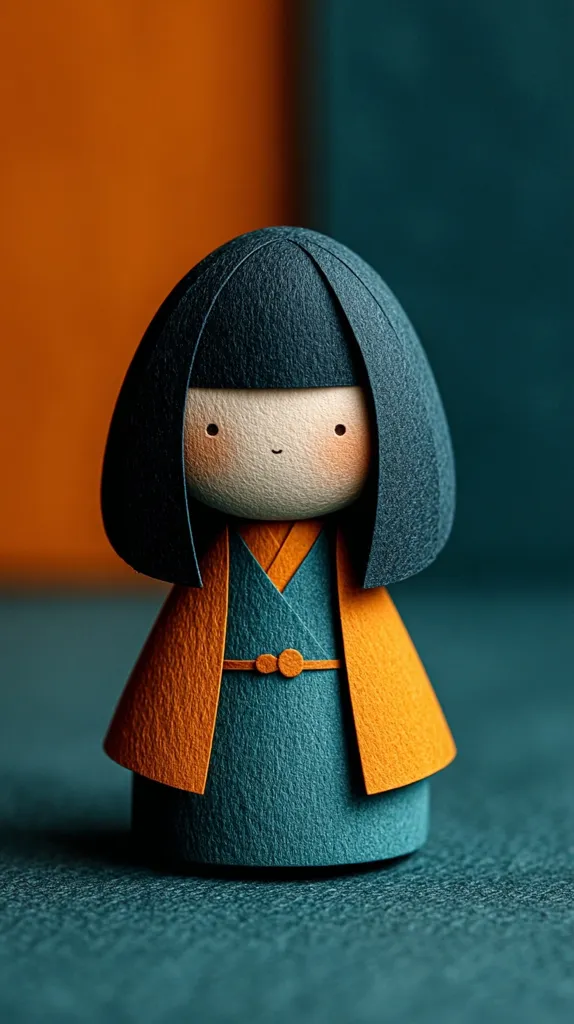 A charming handcrafted doll, possibly inspired by Japanese Kokeshi dolls, stands against a backdrop of teal and orange.  The doll features dark hair, a pale face, and a teal kimono adorned with an orange overgarment. Its simple, yet expressive features and textured surface give it a unique artistic quality. The color contrast adds to its visual appeal.