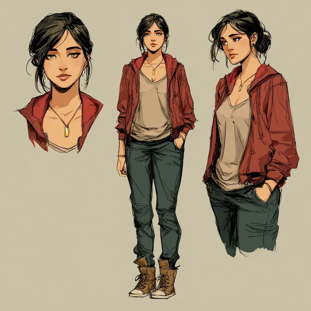 The illustration showcases a young woman's character design.  Three views are presented: a close-up portrait, a full-body pose, and a three-quarter view.  She has dark hair styled in a bun, wears a maroon zip-up jacket over a light-colored shirt and dark pants, and brown boots.  A gold necklace is a consistent detail. The style is a loose, expressive sketch with visible brushstrokes, suggesting a concept art piece.