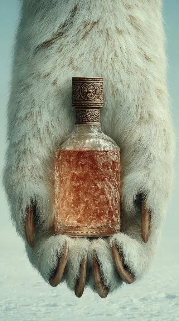 A polar bear's paw gently cradles an antique bottle. The bottle, with an ornate golden cap, contains a dark amber liquid. The bear's thick white fur contrasts with the bottle's aged appearance.  The scene is set against a blurred, icy background, creating a stark, dramatic image.  The overall mood is one of mystery and preservation.