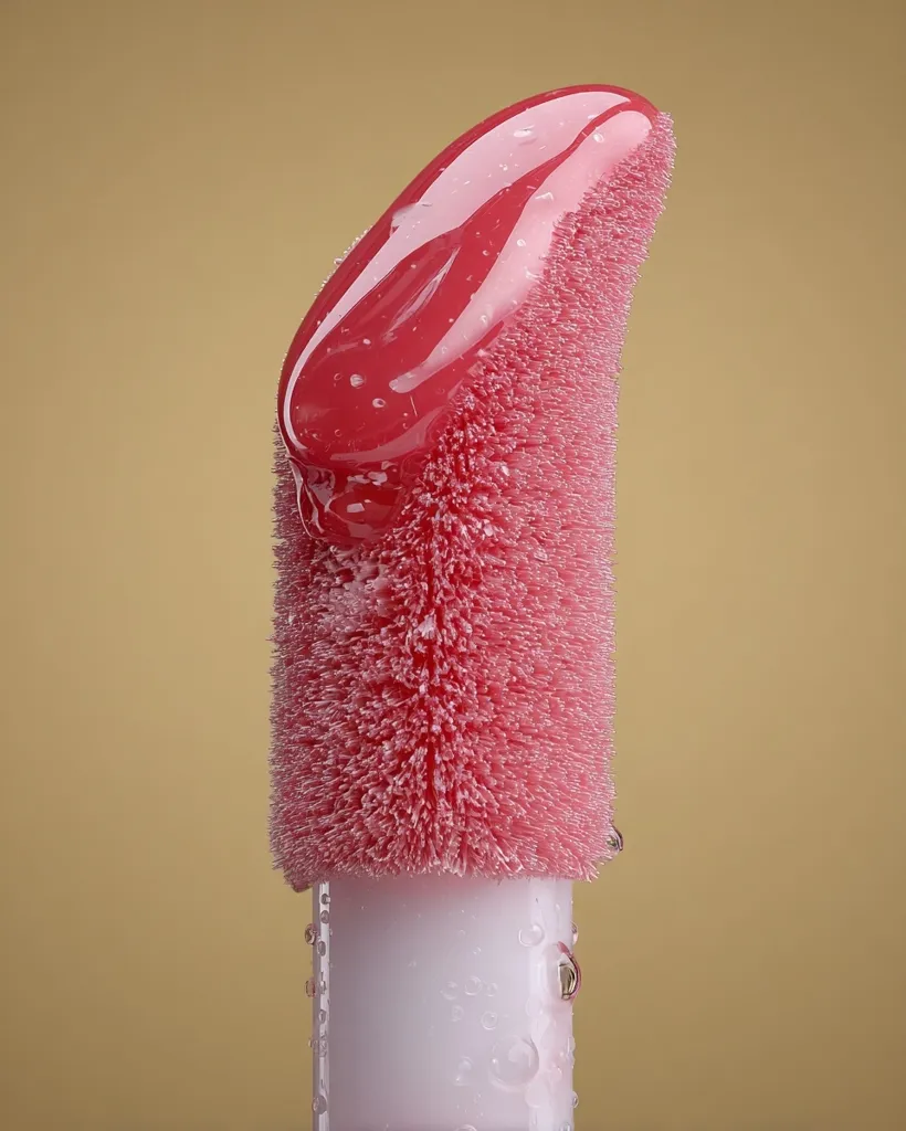 Close-up of a pink lip gloss applicator.  The brush is densely packed with bristles and coated in a glossy, wet-looking product.  Water droplets are visible on the applicator and the lip gloss itself, suggesting a recently applied product. The background is a muted gold tone.