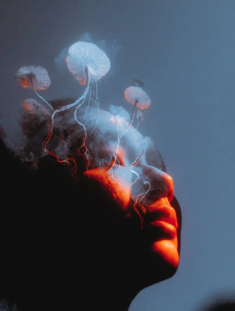 A surreal portrait blends a person's face, illuminated in warm orange hues, with ethereal, glowing white mushrooms.  The fungi appear to grow from the head, their delicate stems and caps contrasting the darker tones of the face. The image creates a dreamlike, otherworldly atmosphere, suggesting a connection between nature and the human psyche.  The overall effect is both captivating and mysterious.
