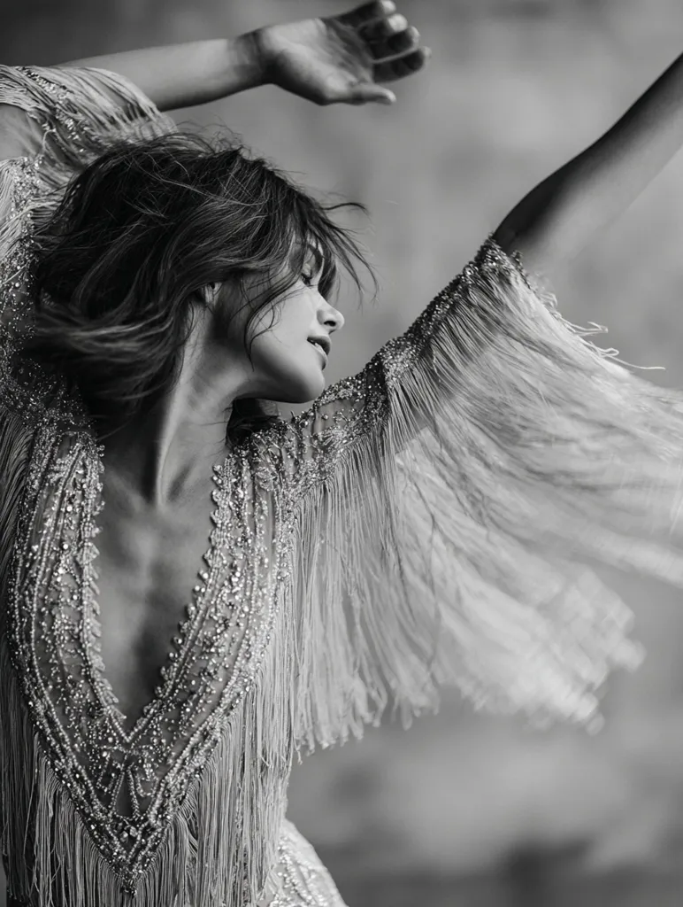 A black and white photo of a woman in a fringed, embellished gown. Her arms are raised, and her body is slightly arched. Her hair is long and dark, and her expression is serene. The background is blurred, drawing focus to the woman's elegant pose and attire.  The image evokes a sense of grace and ethereal beauty.