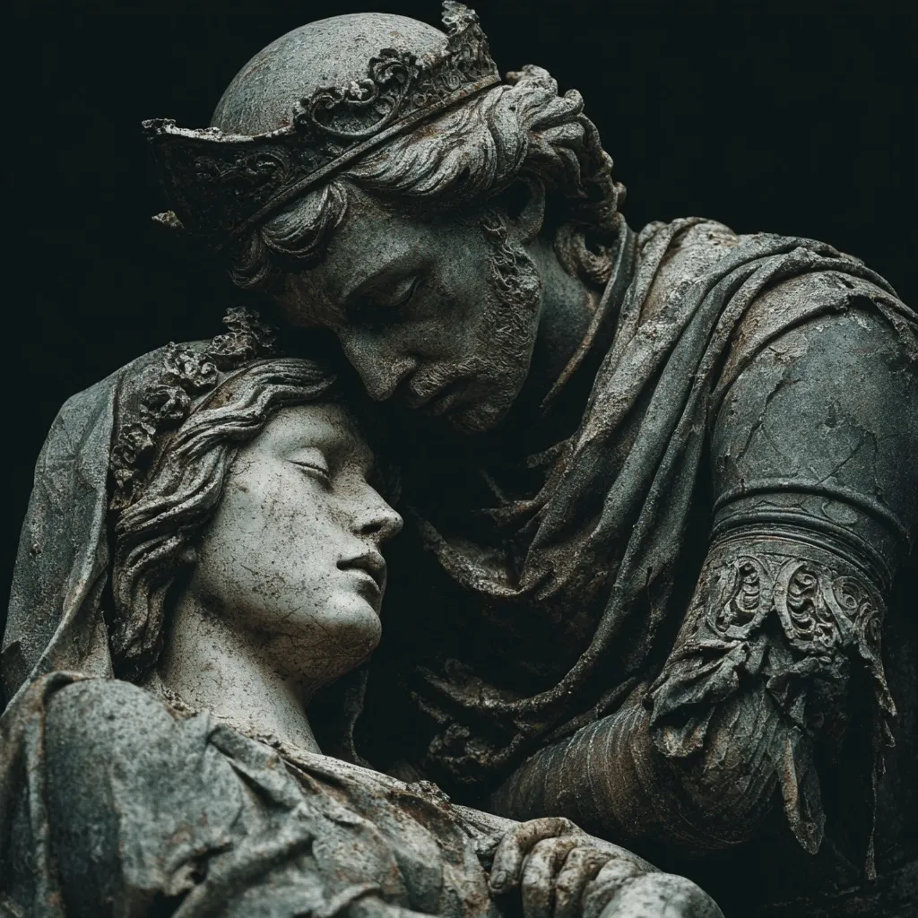A poignant grayscale image depicts a weathered stone sculpture of a crowned king cradling a queen.  The king, in regal attire, leans over his queen, whose eyes are closed in peaceful repose.  Intricate details in their clothing and crowns are visible against a dark background, creating a somber yet romantic atmosphere.  The sculpture conveys a sense of loss and enduring love.