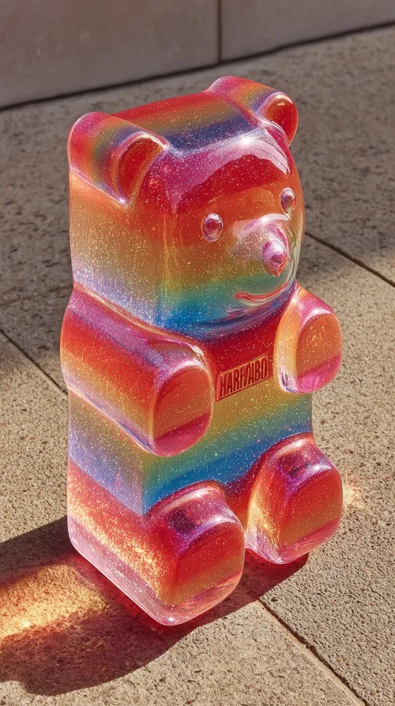 A large, iridescent gummy bear sculpture sits on a light brown stone surface.  The bear is predominantly red, but shimmers with rainbow colors and glitter embedded within the translucent material.  A small logo is visible on its belly. The sculpture is bathed in sunlight, casting a warm shadow.