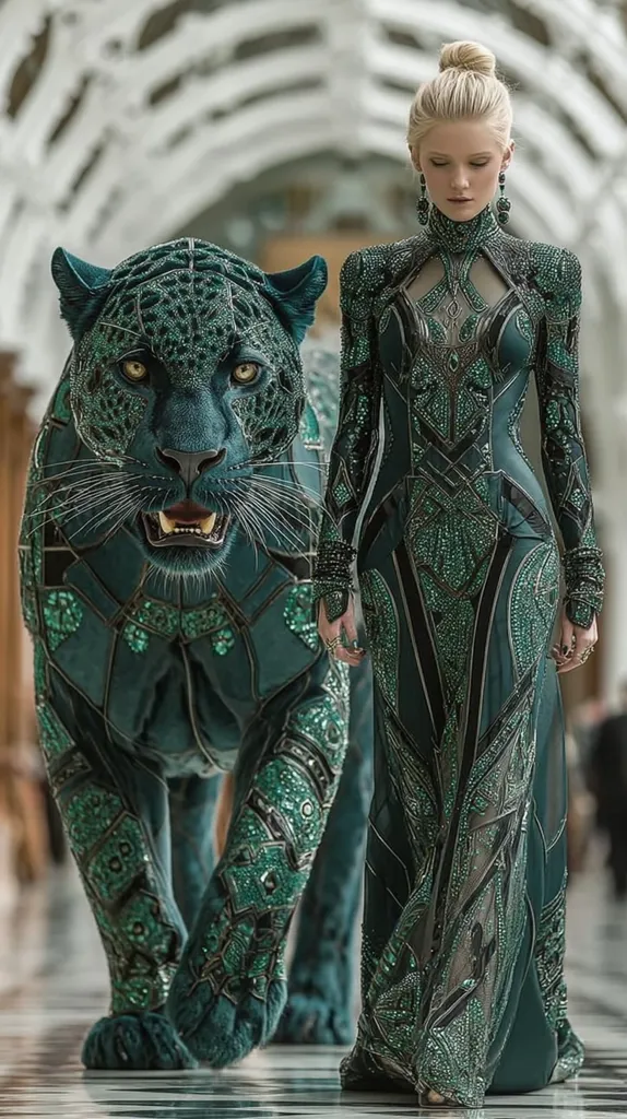 A blonde woman in a teal, jewel-encrusted gown walks alongside a similarly adorned jaguar.  The gown's intricate design features geometric patterns and a high neck. The jaguar, seemingly crafted from the same material as the dress, matches the woman's elegant stride. The background suggests a grand, opulent setting. The overall image is surreal and striking, blending fashion with fantasy.