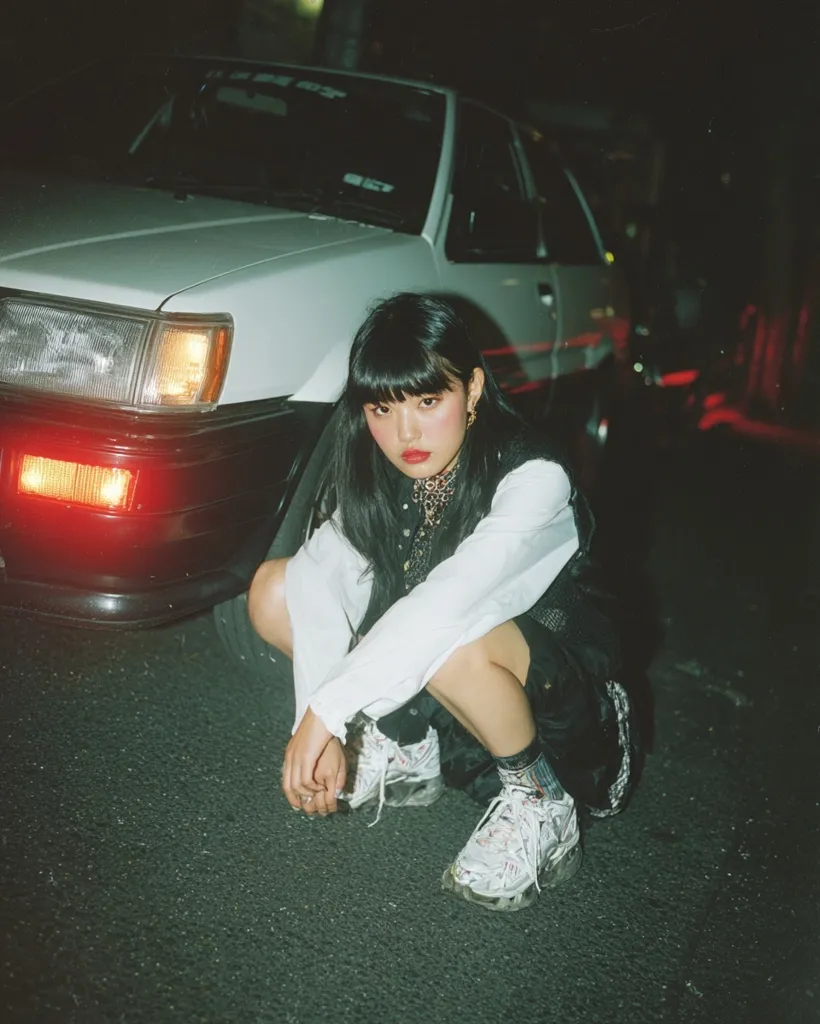 A young woman with dark hair and bangs crouches in front of a white car at night.  She's wearing a white shirt, dark vest, and chunky sneakers.  The image has a grainy, film-like quality, enhancing the nighttime setting and creating a moody atmosphere.  The car's headlights and taillights are visible, adding to the scene's dramatic lighting.