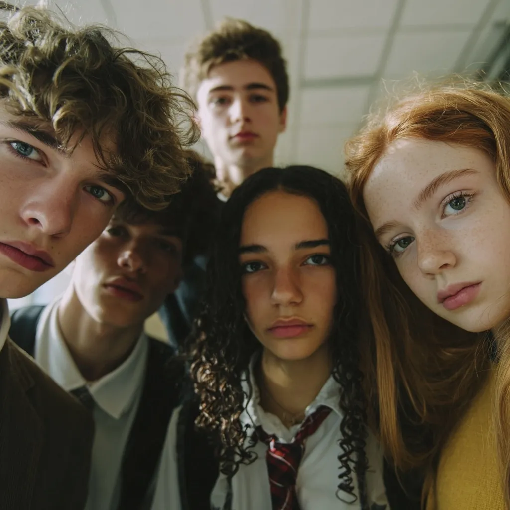 Five teenagers, three girls and two boys, huddle close together, their faces filling the frame.  The image is shot from a low angle, creating a close and intimate perspective.  The group displays a mix of expressions, ranging from serious to pensive, hinting at shared experiences or unspoken emotions.  Their clothing suggests a school setting, adding to the overall feeling of youth and camaraderie.