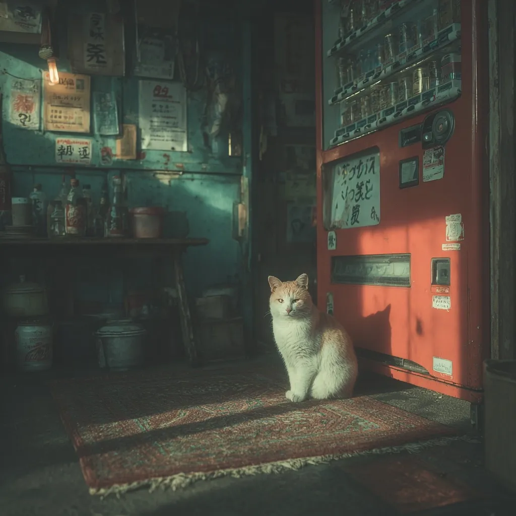 A ginger and white cat sits serenely on a worn rug in a dimly lit, cluttered room.  An old, red vending machine stands to its right, casting a shadow.  The walls are lined with faded posters and various containers sit on a shelf, creating a vintage, possibly abandoned, atmosphere.  The overall mood is one of quiet solitude and nostalgic charm.