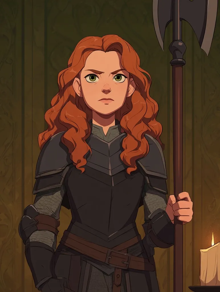 A young woman with vibrant red, curly hair stands resolute, clad in dark armor.  Her serious expression and green eyes convey determination. She grips a large, wooden-shafted battle-axe, suggesting a warrior's role. The background hints at a dimly lit, possibly medieval, setting, enhanced by a flickering candle. The artwork style is reminiscent of stylized animation or fantasy illustration.