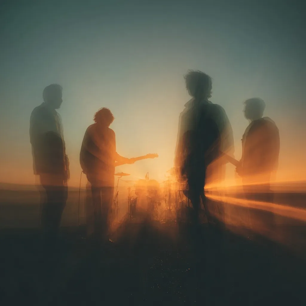 Silhouetted figures of a band play at sunset.  The guitarist is centrally positioned, bathed in warm light, while the drummer and other band members are partially obscured by a hazy, ethereal effect. The setting appears to be a wide-open space, possibly a desert or field, emphasizing the dramatic, atmospheric quality of the scene.  The image evokes a sense of mystery and the raw energy of live music.