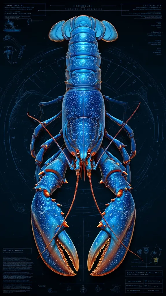 A vibrant, detailed illustration showcases a celestial lobster, its carapace and claws shimmering with a deep blue, speckled with glittering points of light, reminiscent of a starry night sky.  The lobster is depicted against a dark background featuring intricate, technical diagrams and annotations, enhancing its otherworldly appearance.  The image blends biological accuracy with fantastical elements, creating a captivating and surreal visual.