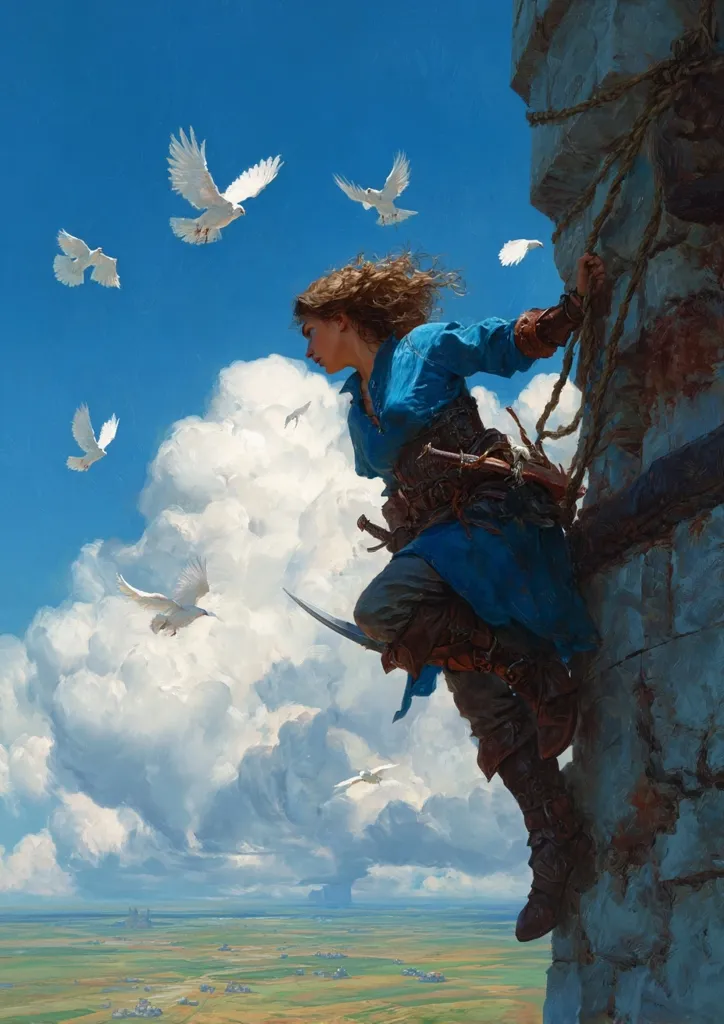 A young woman in a blue tunic and brown leather boots clings to a stone tower, gazing out at a vast, sun-dappled landscape.  Several white doves fly around her, their wings catching the light.  A curved blade is strapped to her waist. The scene evokes a sense of freedom and adventure, with a touch of fantasy.  Below stretches a seemingly endless expanse of farmland dotted with small buildings.