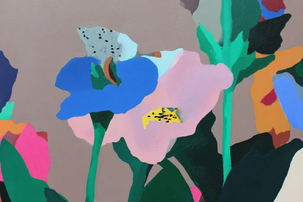 A vibrant abstract painting showcases stylized flowers in bold colors.  Pink, blue, and yellow blossoms are prominent against a muted taupe background.  The artist employs a simplified, almost cartoonish style, with flat areas of color and minimal detail, creating a playful and energetic composition. Green stems add structure to the arrangement.