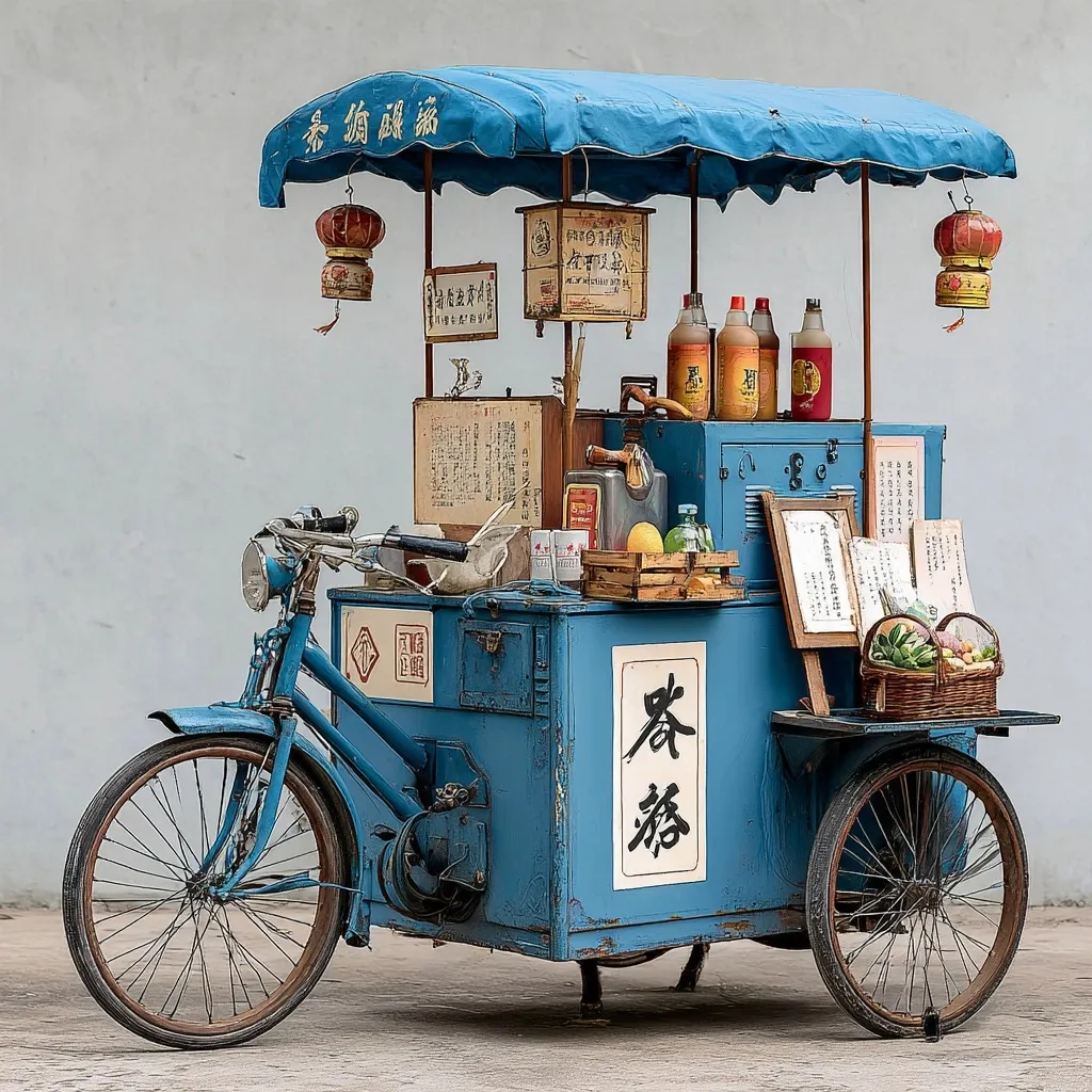 A vintage blue tricycle cart, adorned with Chinese characters and lanterns, serves as a mobile vendor.  It's laden with various bottles, possibly beverages, a wooden crate of citrus fruits, and a basket of vegetables.  The cart displays signs and menus, suggesting a drink and possibly snack stall, offering a glimpse into a traditional street vending scene.  The weathered paint adds to its charming, nostalgic aesthetic.