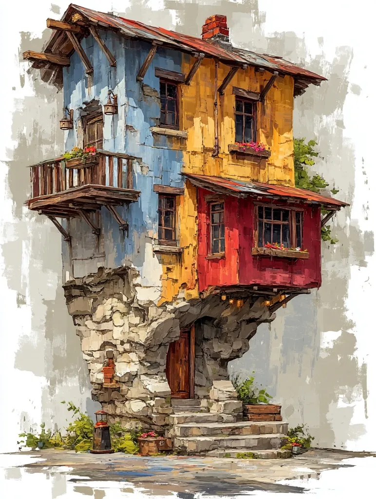 A whimsical, multi-colored house seemingly built into a cliff face is depicted in a painterly style.  The building is a blend of blue, yellow, and red, with a weathered, aged appearance.  A wooden balcony and stone steps add to its charming, slightly precarious character.  The artwork evokes a sense of fantasy and aged charm.