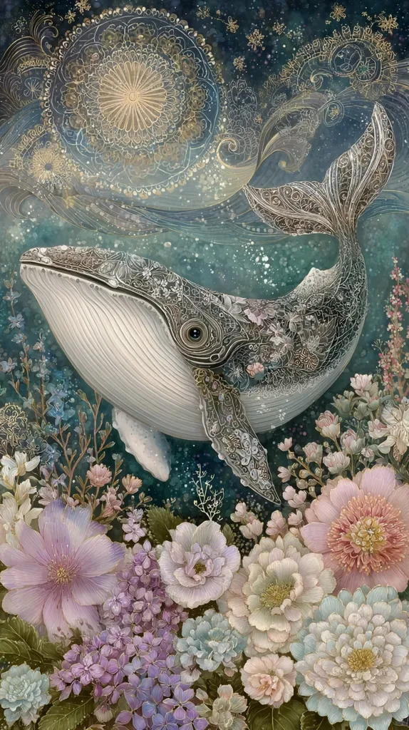 A humpback whale, adorned with intricate floral and mandala-like patterns, swims gracefully through an ethereal underwater scene.  Surrounding the whale is a vibrant profusion of pastel-colored flowers, creating a dreamlike, whimsical atmosphere. The background features a dark teal, starry sky with delicate gold detailing, enhancing the magical quality of the artwork.