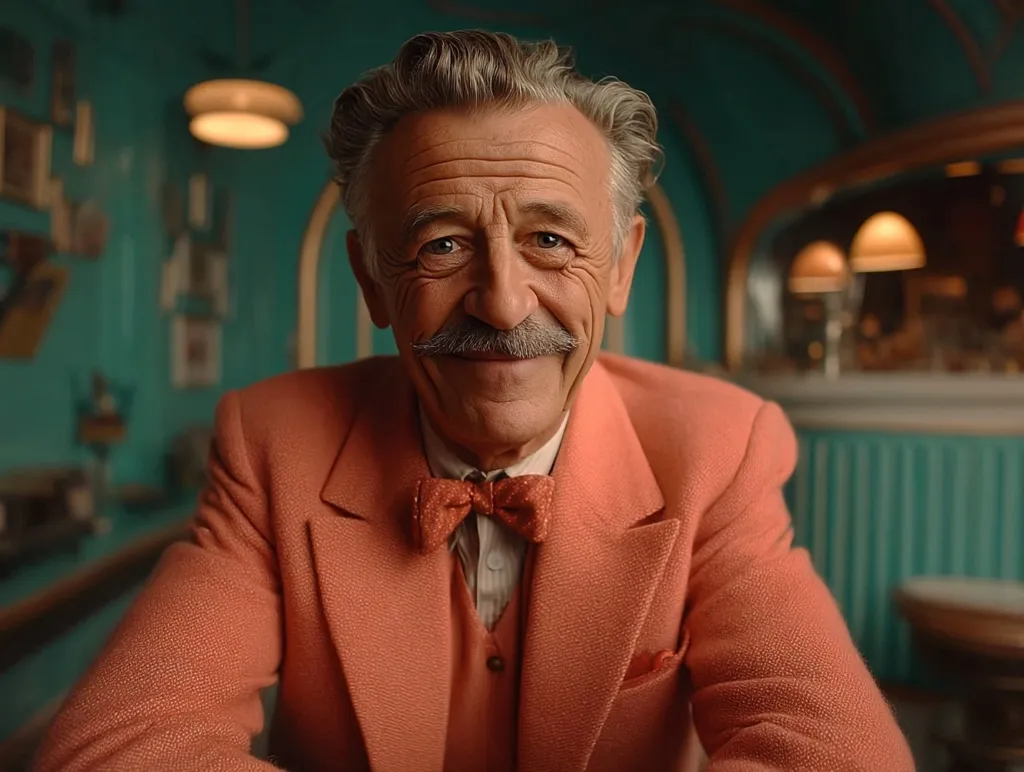 A close-up portrait of an elderly man with a neatly trimmed mustache and gray hair. He's wearing a coral-colored blazer, a matching vest, and a small bow tie. His expression is pleasant and welcoming, suggesting a friendly and approachable demeanor.  The background is a softly blurred teal-colored room with Art Deco-style details, adding to the vintage atmosphere.