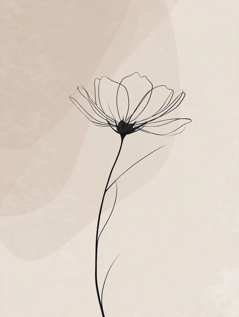 A minimalist illustration features a single, delicate flower rendered in a simple black line drawing against a muted beige background. The background is subtly textured with soft, organic shapes, creating a calm and serene atmosphere. The flower's slender stem gracefully curves, adding to the overall sense of elegance and simplicity. The design evokes a feeling of tranquility and natural beauty.
