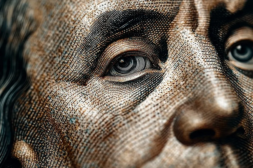 A close-up extreme macro shot reveals the intricate detail of Benjamin Franklin's eye and face on a US one hundred dollar bill.  The image emphasizes the complex printing techniques, showcasing the texture and fine lines of the engraving. The depth of field is shallow, focusing intently on the eye, creating a striking visual impact. The color palette is muted, with browns and grays dominating the image.