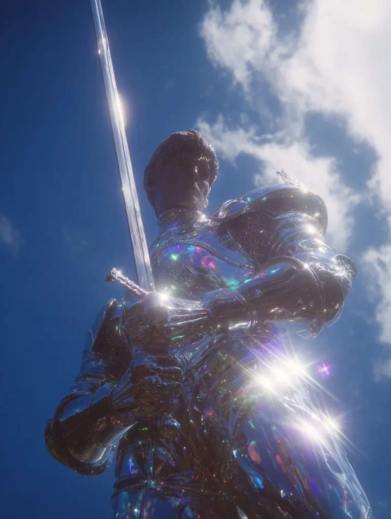 A low-angle shot captures a gleaming chrome statue of a knight, clad in full armor and holding a sword.  The sun's rays create dazzling reflections across the statue's polished surface, producing vibrant iridescent highlights. The knight's face is partially visible, adding a sense of mystery to the majestic figure against the backdrop of a bright blue sky and fluffy white clouds.