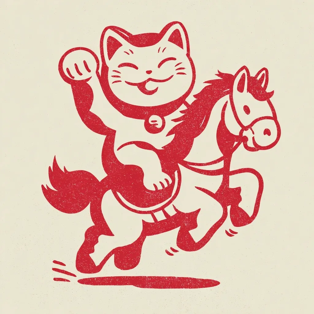 A red illustration depicts a Maneki-neko, a Japanese beckoning cat, riding a galloping horse.  The cat is cheerfully waving its paw, its expression jovial. The style is reminiscent of vintage woodblock prints, with a textured, slightly distressed effect. The image combines lucky cat symbolism with the spirited energy of a horse.