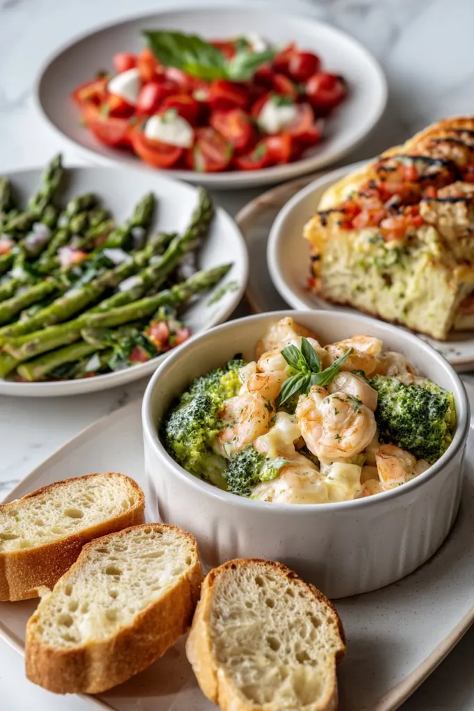 A table is set with a variety of dishes.  There's a caprese salad, grilled asparagus, a cheesy bread, and a creamy shrimp and broccoli bake.  Sliced bread is also present, ready for dipping or serving alongside the main courses. The overall presentation suggests a light and flavorful meal, perhaps a casual gathering.