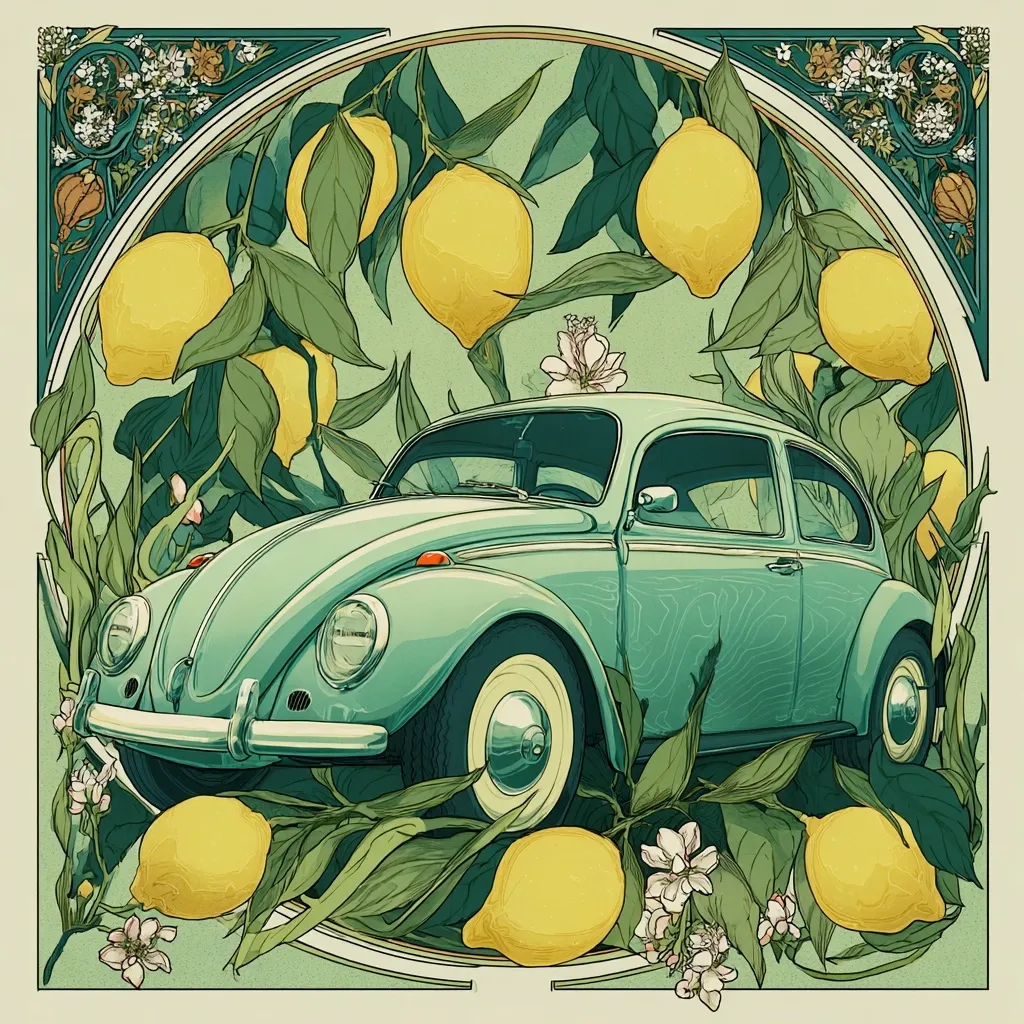 A vintage teal Volkswagen Beetle is nestled amongst vibrant lemon trees laden with ripe, yellow fruit.  The illustration is framed with an Art Nouveau-inspired border featuring floral details.  The scene evokes a feeling of idyllic sunshine and Mediterranean charm, possibly suggesting a leisurely road trip through a lemon grove.  The style is detailed and reminiscent of botanical illustrations.