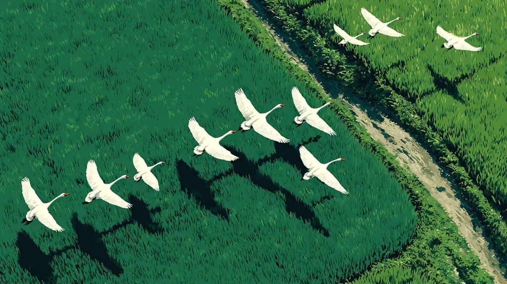 A high-angle view captures a flock of white swans in flight over vibrant green rice paddies.  Two lines of swans fly in formation, their wings outstretched, casting shadows on the lush vegetation below.  A narrow, dirt path separates the two fields, creating a striking contrast between the natural elements. The scene is serene and peaceful, showcasing the beauty of nature.