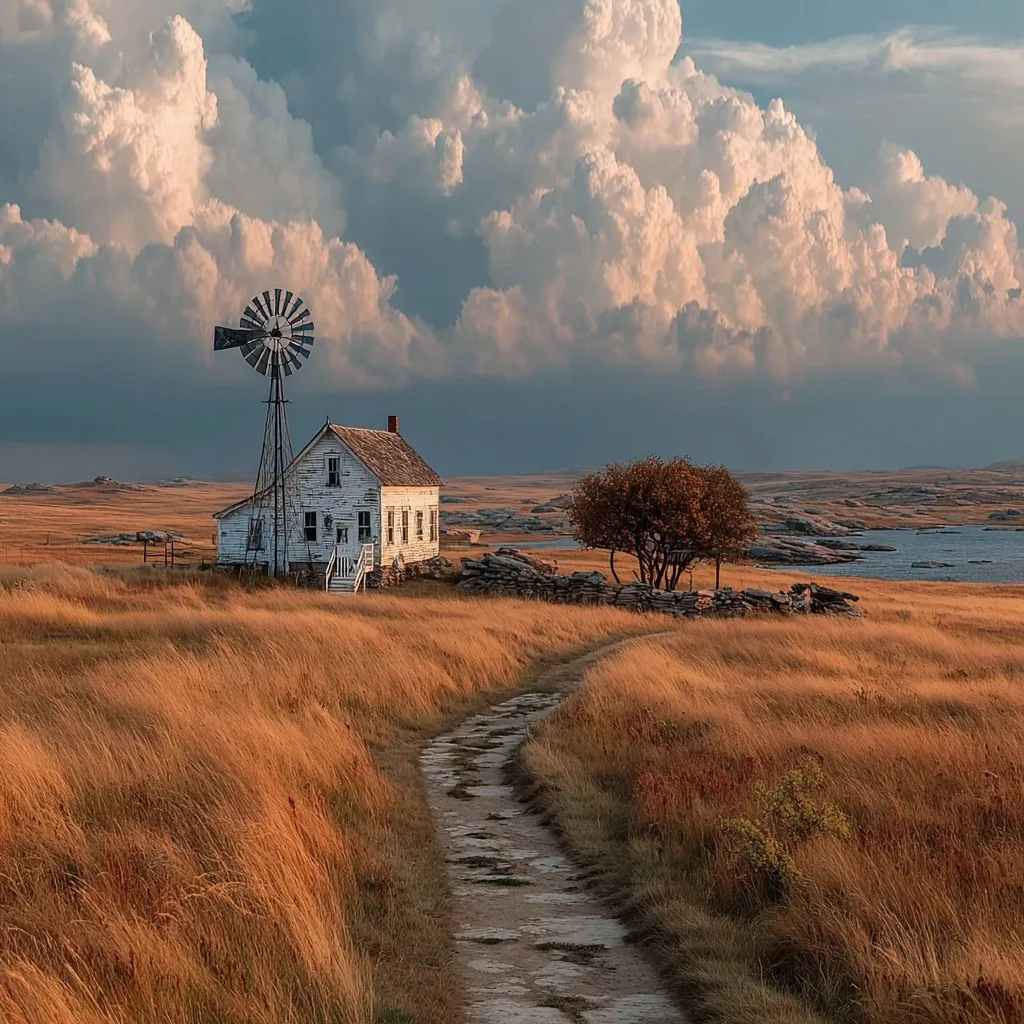 A weathered white farmhouse stands solitary on a vast, golden prairie under a dramatic sky filled with fluffy cumulus clouds.  A tall windmill stands sentinel beside it. A dirt path winds towards the house, leading the eye through the tall grass to the quiet dwelling.  A small tree provides a touch of color near a low stone wall, hinting at a secluded and peaceful existence.  A distant body of water adds to the expansive landscape.