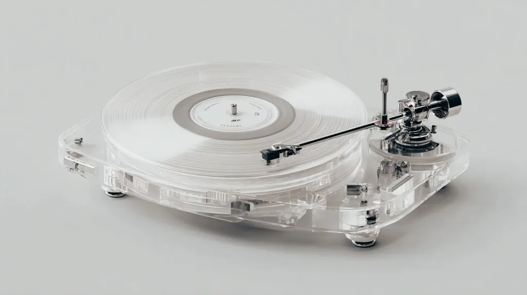 A transparent turntable with a clear acrylic body showcases its internal mechanics.  A white vinyl record spins on the platter, the tonearm precisely positioned.  The minimalist design emphasizes clean lines and a modern aesthetic, highlighting the interplay of transparent material and metallic components.  The overall impression is one of sleek, high-end audio equipment.