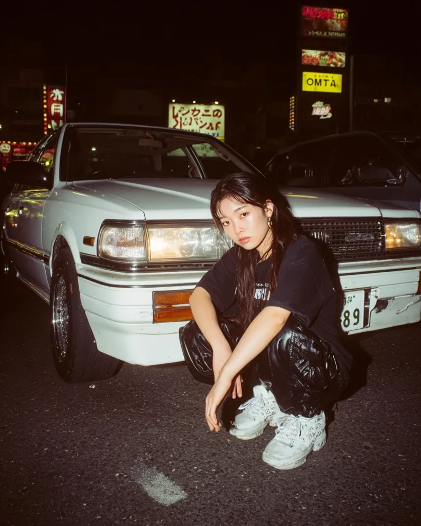 A young woman with long dark hair crouches in front of a vintage white Japanese sedan at night.  Neon signs illuminate the background, creating a vibrant, urban atmosphere.  She wears a black t-shirt, shiny black pants, and white sneakers. The scene has a retro, nostalgic feel, reminiscent of 1990s Japanese street style. The car's license plate is partially visible.