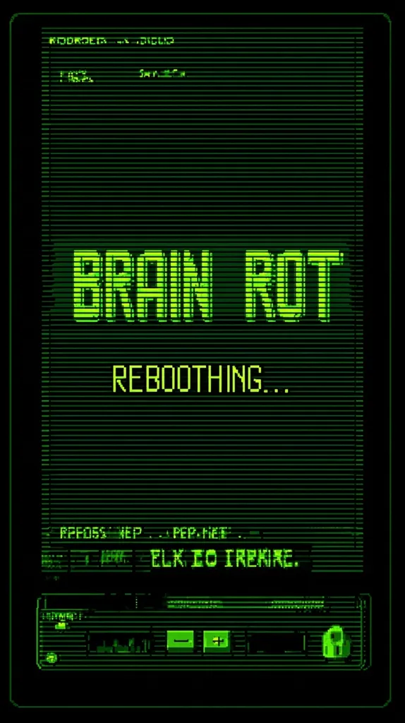 A pixel art image depicts a green computer screen displaying "BRAIN ROT REBOOTING..."  The screen features lines of seemingly coded text above and below the main message, including "KODRDER...DICLID" and  "RPFOSS HEP...PEP HET...ELK IO IREKINE." A control panel with buttons is shown at the bottom. The overall aesthetic is reminiscent of 80s computer interfaces.