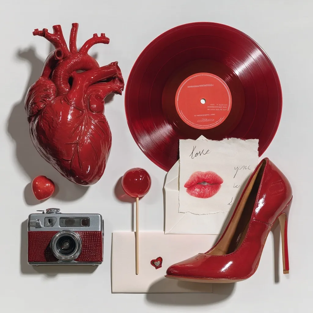 A still life showcasing a romantic theme features a red anatomical heart, a red vinyl record, a red high-heeled shoe, a vintage red camera, a love note with a lipstick kiss, and red candy.  The objects are arranged on a white background, creating a visually striking and evocative composition. The overall mood is one of passion and romance.