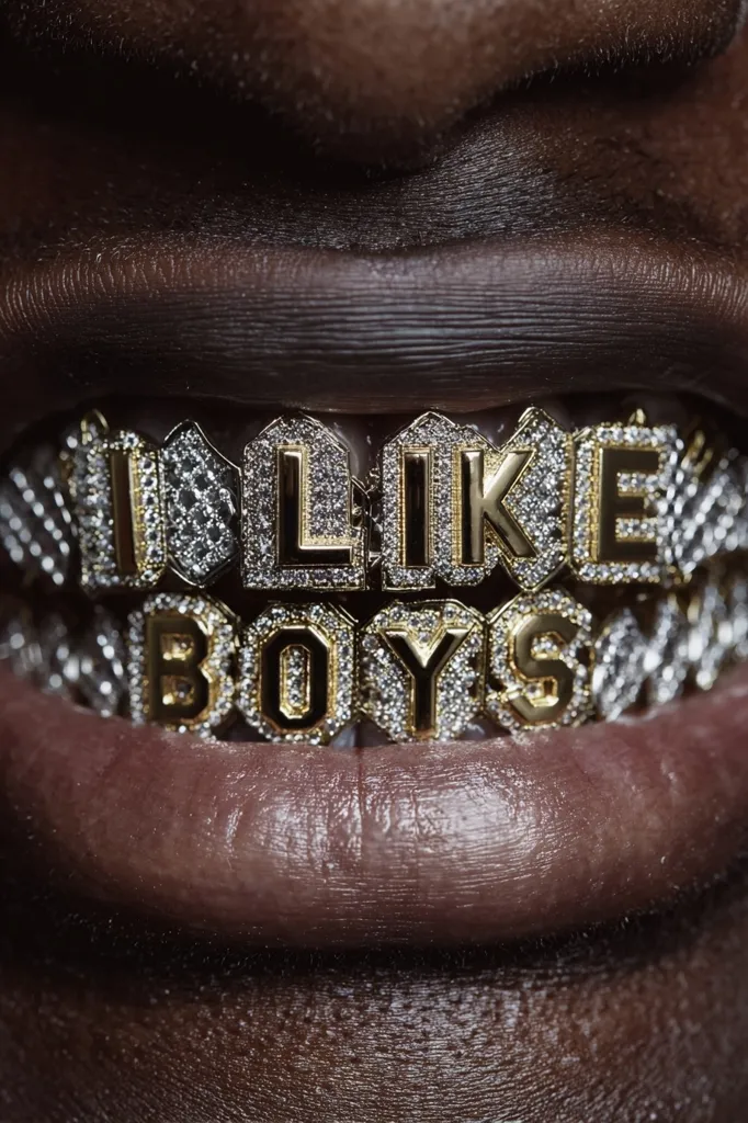 Close-up of a person's mouth adorned with a gold and diamond grill. The grill spells out "I LIKE BOYS" in uppercase letters. The image is sharply focused on the grill and the surrounding lips, highlighting the detail of the jewelry and the texture of the skin.  The overall effect is bold and striking.
