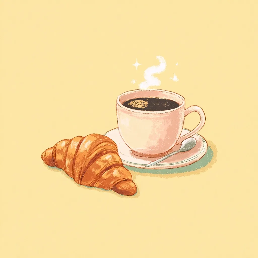 A steaming cup of coffee sits on a saucer next to a golden-brown croissant.  The illustration is in a soft, pastel style against a pale yellow background, evoking a feeling of warmth and morning calm.  The scene is simple yet inviting, suggesting a delightful breakfast.