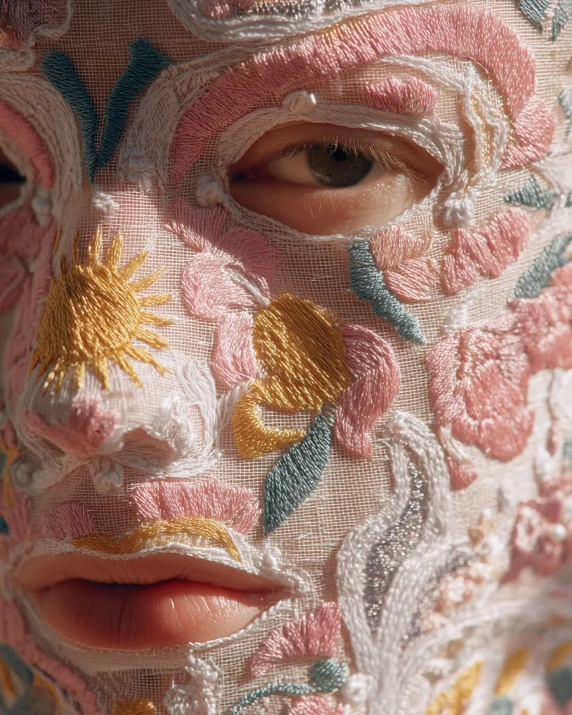 Close-up view of a person's face partially covered by a delicate, sheer fabric mask intricately embroidered with floral and sun motifs.  The embroidery is in pastel pinks, golds, and muted greens, creating a soft, dreamlike effect.  A single eye is visible through the mesh, adding a touch of mystery and intrigue to the image. The overall aesthetic is one of artistry and delicate beauty.
