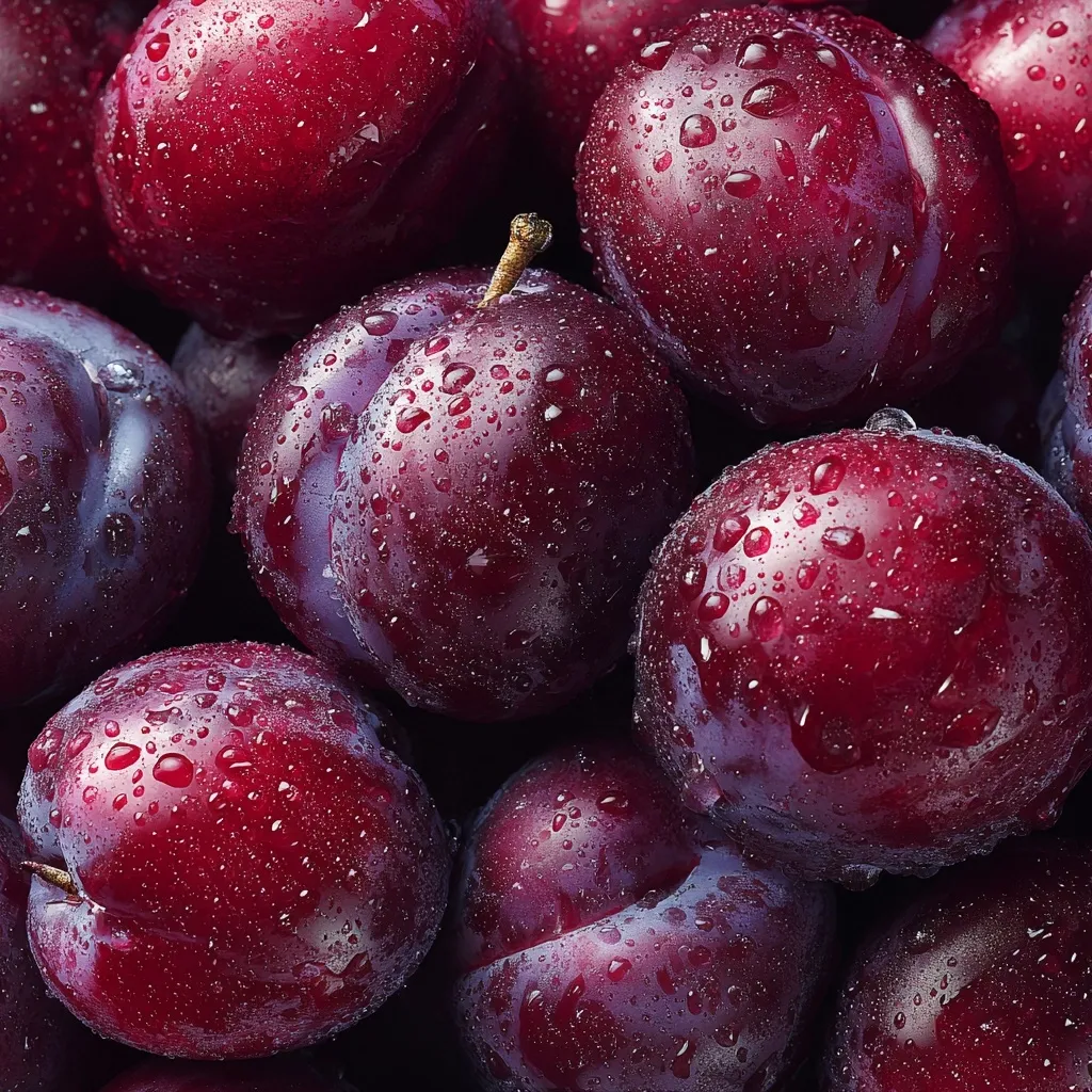 A close-up shot reveals a cluster of plump, dark red plums, glistening with water droplets.  Their rich color and smooth skin are accentuated by the light reflecting off the moisture. The plums are tightly packed together, showcasing their abundance and freshness.  The image emphasizes the texture and juiciness of the fruit.