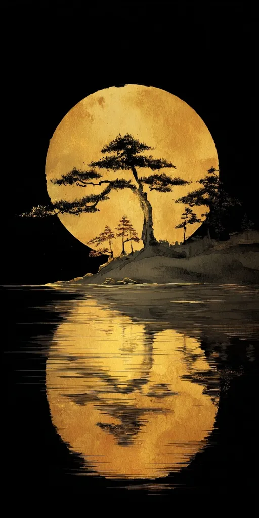 A large, golden moon dominates the night sky, its light reflecting on calm water. Silhouetted against the moon, a prominent pine tree stands on a small island, accompanied by smaller trees.  The scene is rendered in a minimalist style, evoking a sense of serenity and tranquility, reminiscent of East Asian ink painting.  The reflection mirrors the moon and island perfectly, creating a symmetrical and peaceful composition.