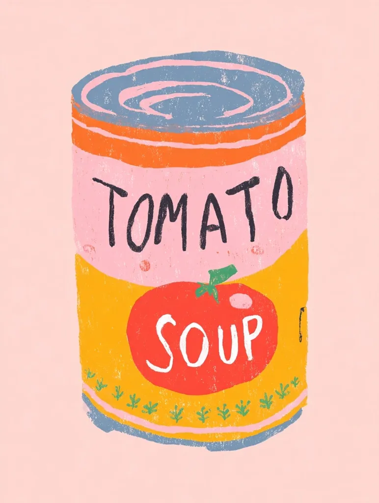 A stylized illustration of a can of tomato soup. The can is depicted in a playful, hand-drawn style with textured colors.  The words "Tomato Soup" are written on the label, accompanied by a simple tomato image.  The overall aesthetic is vibrant and slightly whimsical, reminiscent of children's book illustrations.