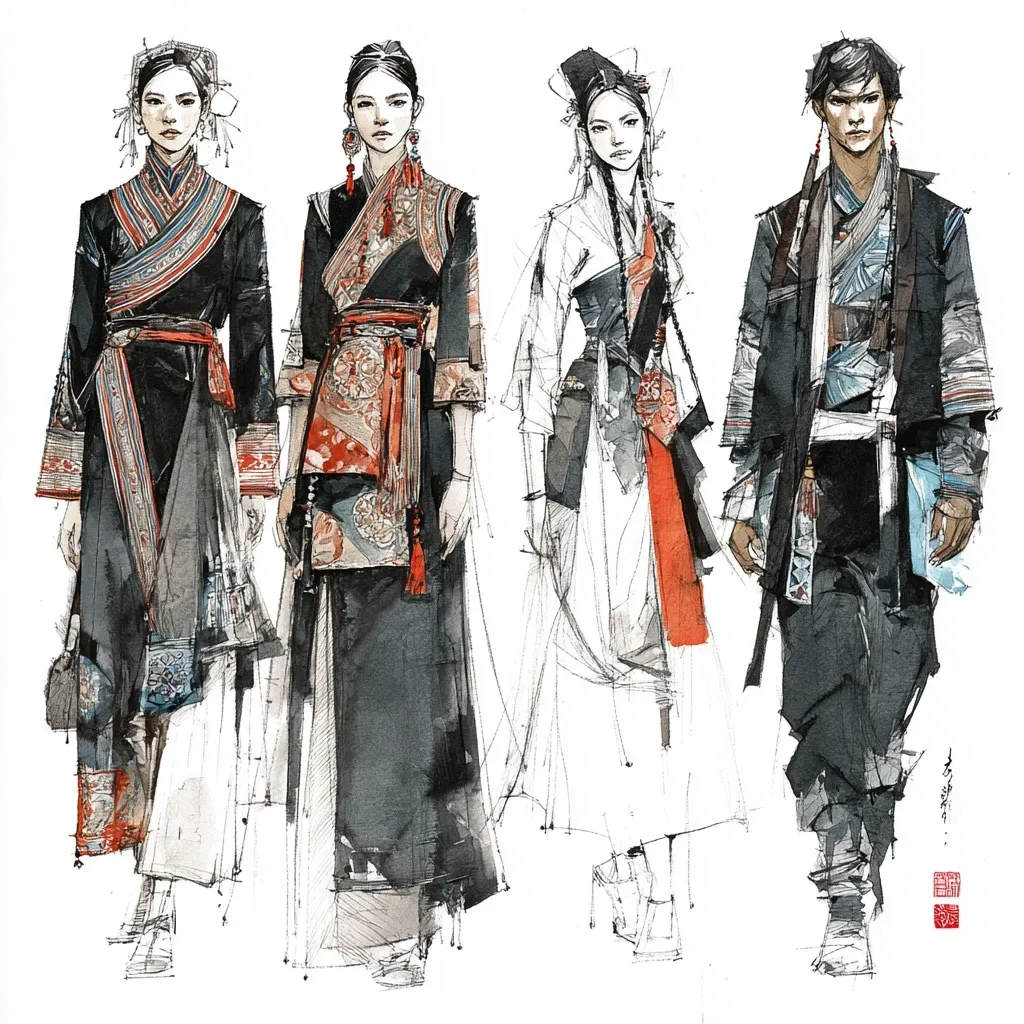 A watercolor fashion illustration showcases four individuals in distinct East Asian-inspired attire.  Three women are depicted in varying elegant robes and headdresses, characterized by rich fabrics and intricate details in shades of black, red, and white. A man, in a more modern, dark-toned ensemble, stands apart.  The loose, expressive style emphasizes texture and movement, giving a sense of grace and character to each figure.
