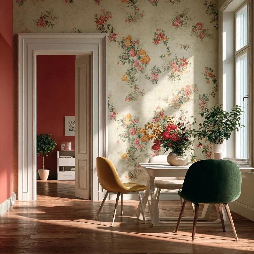 A dining area features a wall adorned with vintage floral wallpaper in muted tones. Sunlight streams through a nearby window, illuminating a white dining table set with two chairs—one mustard yellow, the other dark green velvet.  A vase of red and yellow flowers sits as a centerpiece. The room's hardwood floor and doorway leading to a red-walled hallway complete the scene.
