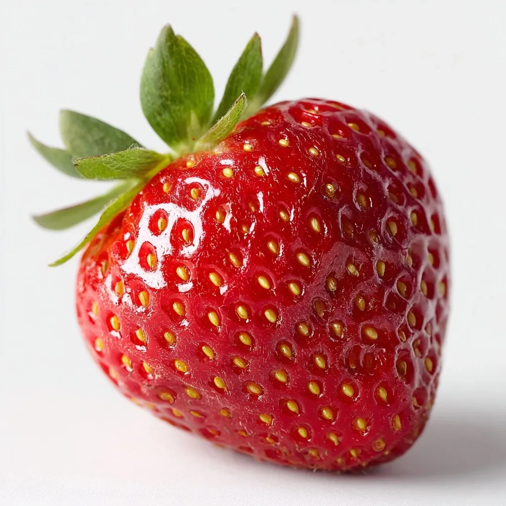 A single, ripe strawberry rests on a white surface. Its vibrant red skin glistens, showcasing numerous tiny yellow seeds.  The green calyx, with its pointed leaves, crowns the top.  The strawberry's plump form and glossy texture suggest juicy sweetness.