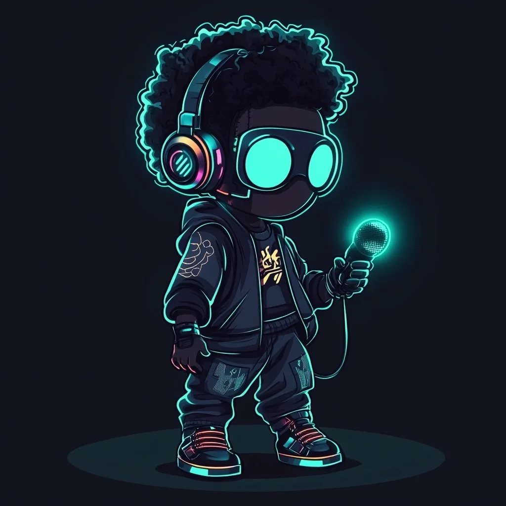 A stylized illustration of a young Black boy, rendered in vibrant neon colors.  He's depicted wearing futuristic goggles, headphones, and streetwear, holding a glowing microphone.  His afro is outlined in neon, and the overall aesthetic is a blend of hip-hop culture and cyberpunk elements, creating a dynamic and energetic image.