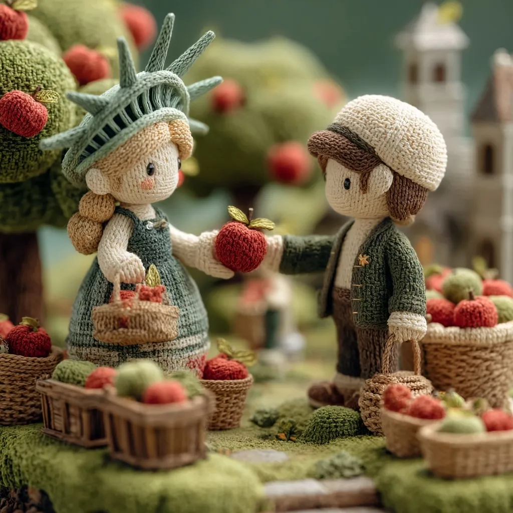 Two adorable crocheted figures, a girl resembling the Statue of Liberty and a boy in a cap, exchange a red apple in a charming miniature apple orchard setting.  Surrounding them are small baskets and crates overflowing with crocheted apples, creating a quaint and whimsical scene.  The background features a stylized village, adding depth to the artwork.