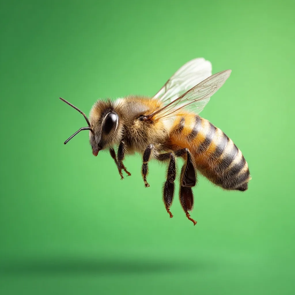 A close-up shot reveals a honeybee in mid-flight against a vibrant green backdrop.  The bee's intricate details are sharply in focus, showcasing its hairy body, striped abdomen, and translucent wings.  The image highlights the bee's delicate structure and the dynamism of its movement. The green background provides a clean contrast, drawing attention to the bee.