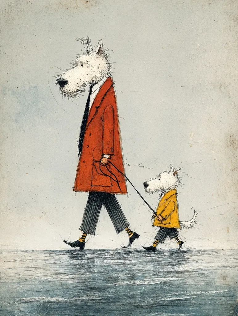 A whimsical illustration depicts two anthropomorphic white dogs strolling.  The larger dog, wearing a red coat and tie, leads a smaller dog in a yellow coat on a leash.  Both dogs sport striped socks and shoes. The style is reminiscent of a child's book illustration, with a textured, slightly muted color palette.  They walk across a subtly textured ground, suggesting a seaside or beach setting.